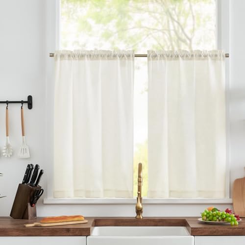 TOPICK Visillos modernos para salón, cocina, color blanco, juego de 2 visillos para cocina, aspecto de lino, cortinas cortas, 60 x 65 cm, estilo rústico, para ventana de cocina