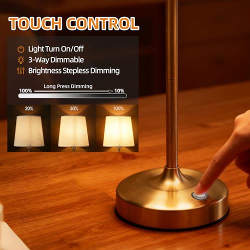 Deogos Cordless Table Lamp Gold with Dimmer, 4000mAH Battery Operated Lamp Rechargeable, 3 Color Temperature Touch Control Fabric Desk Light for Dining Room, Bedroom, Bar, Patio, Counter, Restaurant - Thumbnail 4