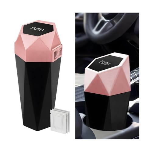 Image of Car Trash Can with Lid, Mini Leakproof Fragrance Vehicle Cup Holder Garbage Bin for Console Door, Small Portable Auto Interior Dustbin Organizer Accessories, Universal Fit (Pink)