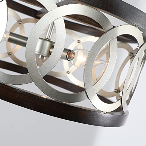 Farmhouse Kitchen Dining Room Light Fixture Chandelier , Wooden & Silver Chrome Metal Drum Pendant Light, Vintage Modern Rustic Round Ceiling Light Hanging For Foyer Living Room Entry Hallway, 3-Light #TOP4