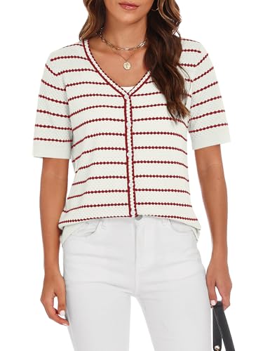 COCCKO Women's Summer Button Down Striped Shirts Casual Short Sleeve V Neck Crochet Knit Blouse Shrugs Cardigans White and Red S — view 5