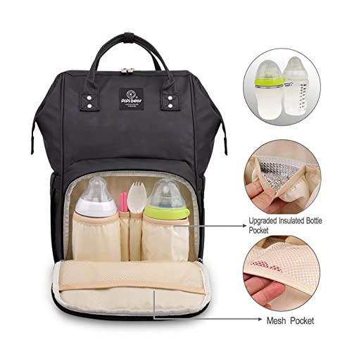 Pipi bear Nappy Changing Bag, Multi-functional Waterproof Travel Diaper Bag Backpack with Changing Pad (Black) - Image 3
