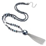 BULINLIN Boho Beaded Long Necklaces for Women Chunky Bead Pendant Necklace with Crystal Tassel Costume Jewelry Gifts for Her(Dark Blue)