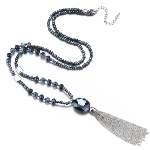 BULINLIN Boho Beaded Long Necklaces for Women Chunky Bead Pendant Necklace with Crystal Tassel Costume Jewelry Gifts for Her