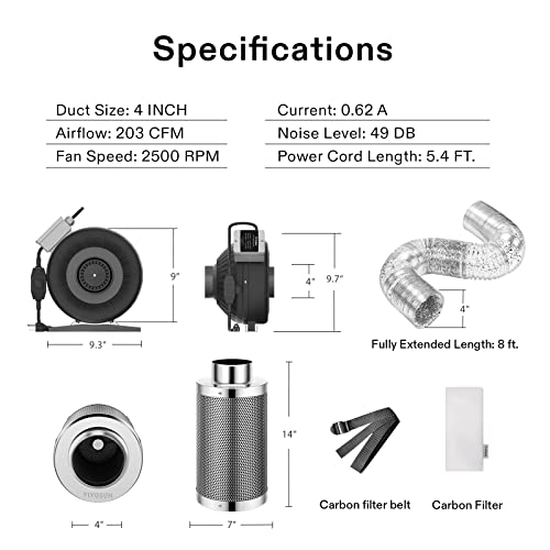 Vivosun 4 Inch 203 Cfm Inline Fan With Speed Controller And Leather Sheath, 4 Inch Carbon Filter And 8 Feet Of Ducting, Air Filtration Combo For Grow Tent Ventilation #TOP1