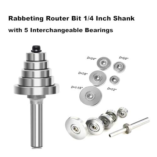 SICWOOD Rabbeting Router Bit Set 1/4 Inch Shank, 1/2" Cutting Height, Rabbet Router Bit with 5 Interchangeable Bearings, for Adjustable Multi Depths Cutter 3/8", 5/16", 1/4" , 3/16", 1/16" by SICWOOD - Used condition - Image 2