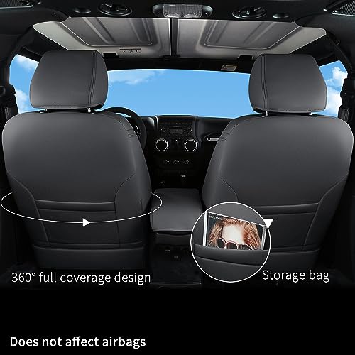 Image of GIANT PANDA Jeep Wrangler 2 Door JK 2013-2017 Full Set Car Seat Covers for Sport Sahara Rubicon Freedom Willys Wheeler, Customized Faux Leather - (Black)