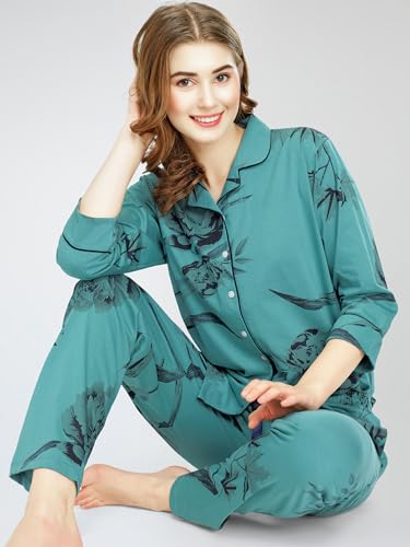 Image of ZEYO Night Suit for Women's Floral Printed Cotton Night Dress of Shirt and Pajama Set 5760