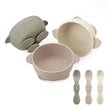 PandaEar 3 Pack Baby Suction Bowls with 3 Spoons, Stay Put Silicone Food Bowl Babies Led Weaning Supplies for Kids Toddlers, BPA-Free (Linen Brown Tan)