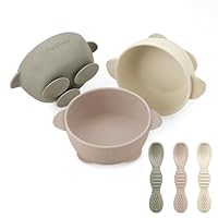 PandaEar 3 Pack Babysaugschalen &3 Babylöffel| Leckdichte Aufenthalts Silicon Food Bowl für Babys Kinder Kleinkinder Säuglinge | Lebensmittelqualität weiches BPA-freies Silikon (Leinen Braun Bräunen)