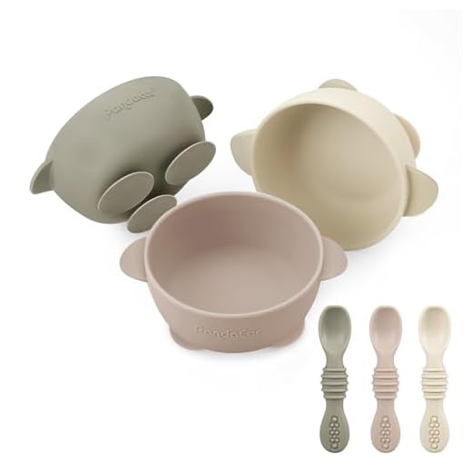 PandaEar 3 Pack Babysaugschalen &3 Babylöffel| Leckdichte Aufenthalts Silicon Food Bowl für Babys Kinder Kleinkinder Säuglinge | Lebensmittelqualität weiches BPA-freies Silikon (Leinen Braun Bräunen)