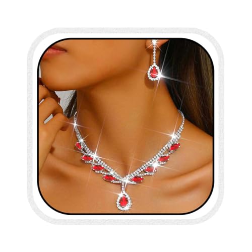 Unicra Rhinestone Bridal Wedding Jewelry Set Silver Necklace Earrings Sets Formal Prom Costume Jewelry Sets for Women and Brides (Red)