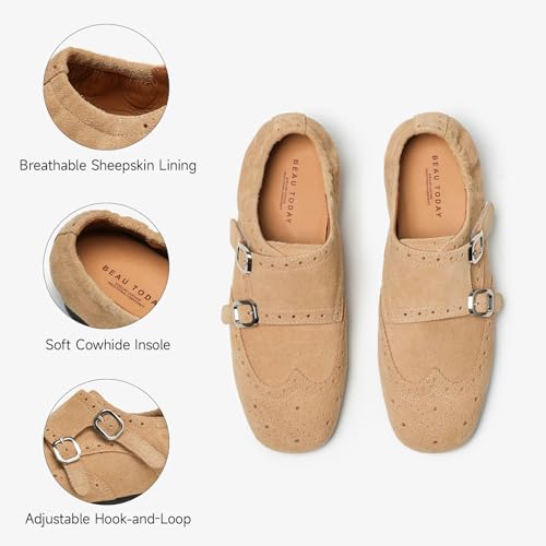 Image of BEAU TODAY Womens Leather Loafers, Monk Platform Loafer Shoes | Cowhide, Brogue Wingtip, Slip-on, Chunky Heel, Comfortable, Non-slip Durable, Business Casual Office Dress Shoes