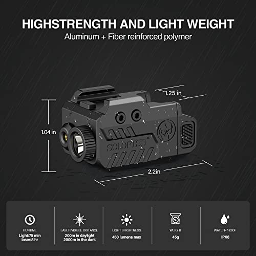 SOLOFISH 450lm Slidable Pistol Light Laser Combo for Compact Rail, Shockproof Gun Light and Green Laser Sight with Strobe & Memory, Rechargeable - Thumbnail 3