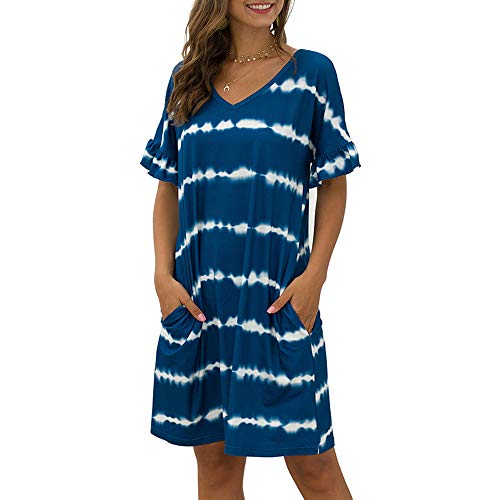 Vestido feminino moda listrada com estampa tie-dye com decote em V manga curta babados vestido casua