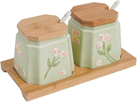 Porcelain Condiment Jar Spice Container with Lids - Bamboo Cap Holder Spot, Ceramic Serving Spoon, Wooden Tray Best Pottery Cruet Pot for Your Home, Kitchen, Counter5.2 OZ, Set of 2