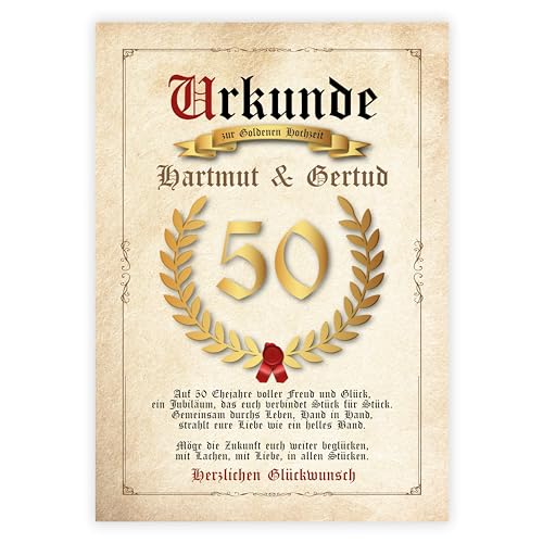 321geschenke Personalisierte Urkunde Goldene Hochzeit