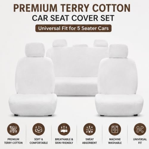 Image of Royal Bharmal Universal Fit Car Seat Cover Towel Set for 5 Seater Cars | 8 Piece Premium Terry Cotton Washable Seat Covers | Breathable Sweat Absorbent Seat Protectors (White)