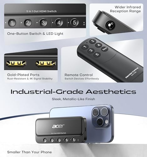 image for acer HDMI Switch 5 in 1 Out [4K@60Hz, HDMI 2.0, HDCP 2.3, HDR] Switche