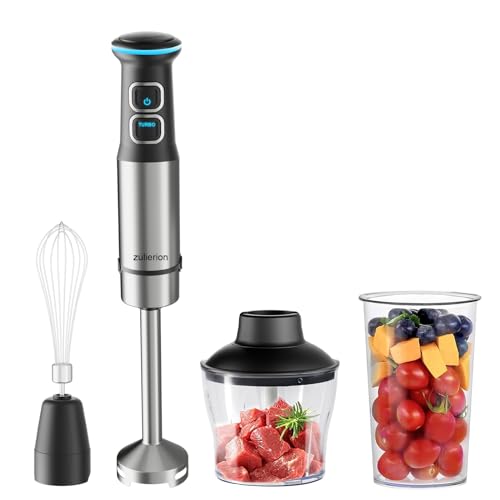 zulierion 1500W Hand Blender, 4 in 1 Stick Blender with 4 Stainless Steel Blades, 21 Speed Control and Turbo Setting Handheld Blender, Immersion Blender with Whisk, Measuring Mug, Chopper, BPA Free