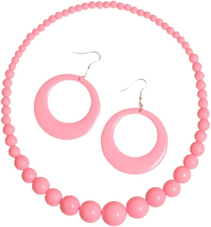Fuqimanman2020 Colorful Neon Acrylic Beaded Necklace Earrings Set for Women 70s 80s Retro Circle Round Dangle Drop Earrings Boho Exaggerated Geometry Necklace Earrings Jewelry Gift
