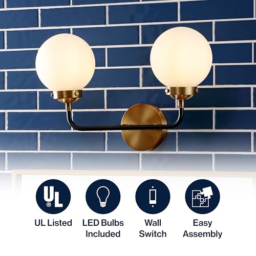 JONATHAN Y 18" Brass Gold/Black/White 2-Light LED Wall Sconce Vanity Lighting, Clear Glass Globe Shade Modern Contemporary Sconce for Bathroom Mirror, Hallway, UL Listed (JYL9057B) by JONATHAN Y - Used condition - Image 2