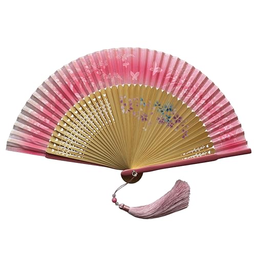 FANSOF.FANS Premium Floral Silk Fabric Border Handheld Folding Fan with Grade A Bamboo Ribs for Women Girls Event Birthday Wedding Favour with Tassel (Flower Border - Pink)