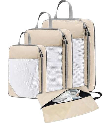 Image of House of Quirk Polyester Compression Packing Cubes for Travel, 4 Set Organizer Compressible Essentials (Beige)