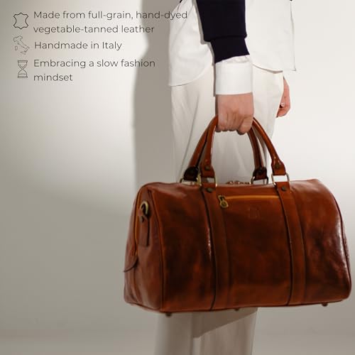Image of Time Resistance Full Grain Leather Small Duffel Bag - Gym Weekender Overnight Bag (Cognac Brown)