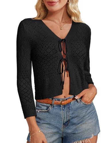 GRACE KARIN Bolero corto para mujer, manga 3/4, cuello en V, cárdigan elegante, corbata frontal, cárdigan ligero Bolero Shrugs, Negro , XL