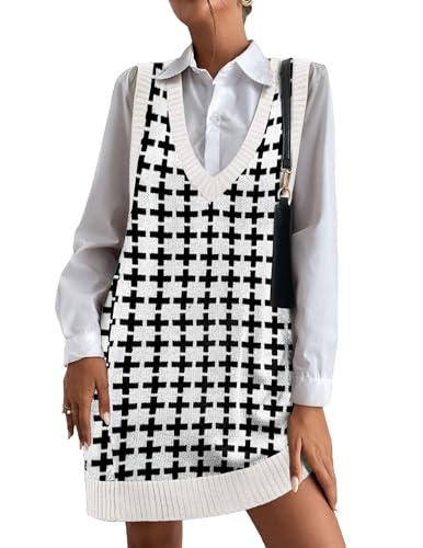 HOTOUCH V Neck Sleeveless Sweater Dress Loose Fit Plaid Sweaters Casual A  Line Vest Knitted Pullover Dress,S at Amazon Women's Clothing store