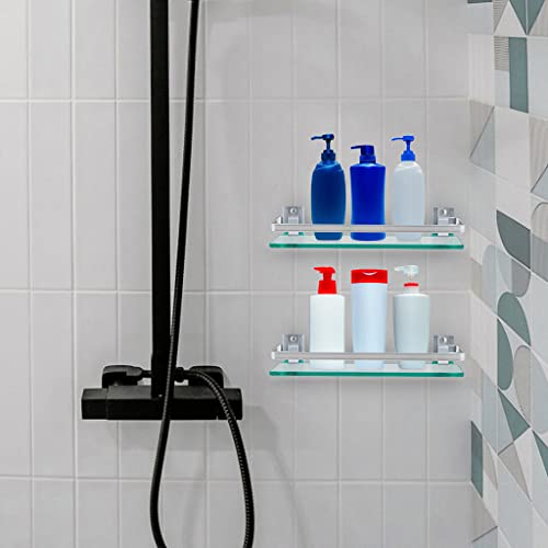 Sanbege 2-Pack Tempered Glass Bathroom Shelf With Rail, 15" X 4.5" Rectangular Shower Caddy, Wall Mounted Floating Shampoo Holder For Lavatory, Kitchen, Living Room #TOP4