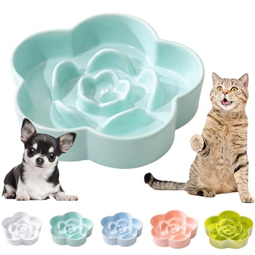 陶器 早食い防止 食器 犬 猫 早食い防止 食器 小型犬 中型犬 【電子レンジ&食器洗浄機対応】【梅の花の凹凸設計】【滑り止】早食い防止 犬 餌入れ 防止吐き戻し 早食い防止 犬 餌皿 可愛い 早食い防止 犬 フードボウル 早食い防止 犬 ご飯皿 (シアン