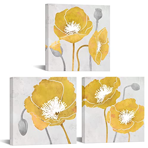 iKNOW FOTO Canvas Set of 3 Wall Art Elegant Poppy Flower Posters and Prints Modern Floral Painting Picture for Living Room Guest Room Decor Wood Frame Stretched Easy to Hang 12x12x3pcs (Yellow)