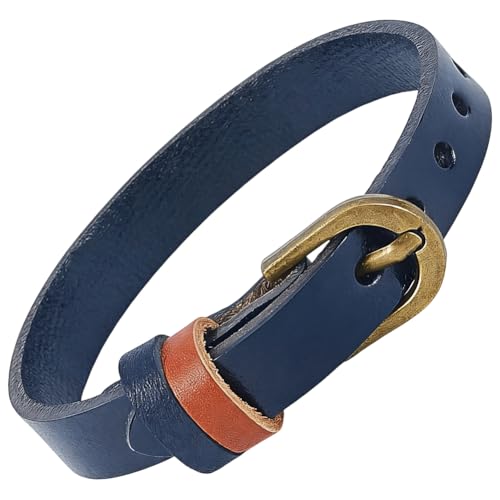 CALFOVERA Pulsera de Cuero Genuino con Hebilla de Aleación de 1cm, Ajustable, Minimalista, de Piel de Vaca, para Uso Diario, para Hombre Y Mujer (Azul de Prusia).