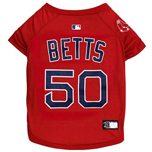 Image of Pets First MLB Mookie Betts #50 TEE Shirt for Dogs & Cats. MLBPA Boston Red Sox Dog T-Shirt, Medium | Sports Dress for Pets | Licensed Sporty Dog Shirt.
