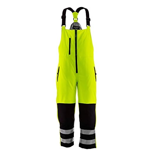 RefrigiWear Men's Hivis Insulated Softshell Bib Overalls - ANSI Class E High Visibility Lime with Reflective Tape Large