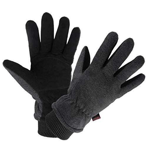 OZERO Cycling Gloves Deerskin Leather Winter Warm Glove Thermal Fleece for Snow Skiing Driving Bike Riding Hiking Runing Hand Warmer in Cold Weather for Women and Men Large Gray