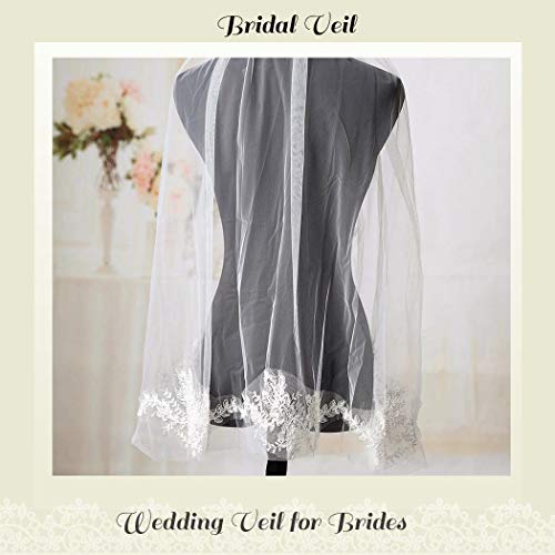 Yean Bride Wedding Veil Ivory Bridal Hair Accessories Waist Veil with Lace Edge and Comb Attached 1 Tier 35 Inches
