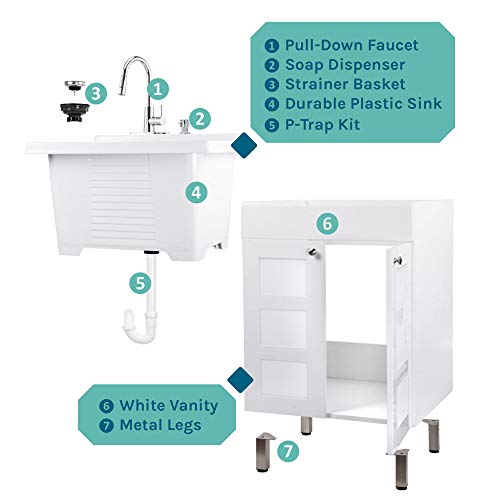 Js Jackson Supplies Utility Sink With White Vanity Cabinet, Chrome High-Arc Pull-Down Sprayer Faucet, Soap Dispenser And Spacious Vanity For Laundry Room #TOP6