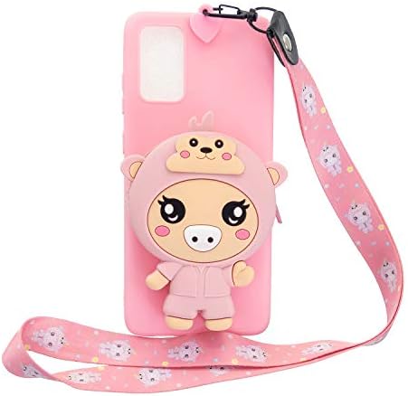Gostyle Wallet Case Compatible with Samsung Galaxy A71,Cute 3D Cartoon Animal Soft Silicone Back Cover with Zipper Pocket and Neck Lanyard Strap Protective Cover,Pink Pig