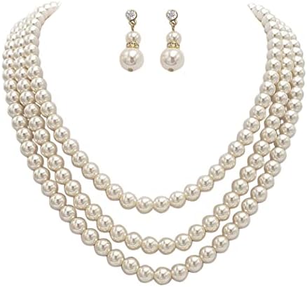Rosemarie Collections Women's Multi Strand Classic Cream Faux Pearl Necklace and Earrings Jewelry Set, 16"-19" with 3" Extender (Cream/Gold Tone)