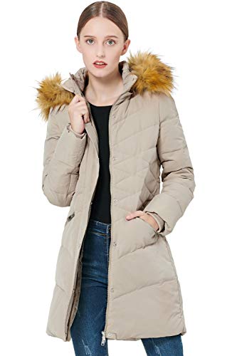 Orolay Women's Light Winter Down Coat Diamond Quilted Puffer Jacket with Fur Hood Beige L