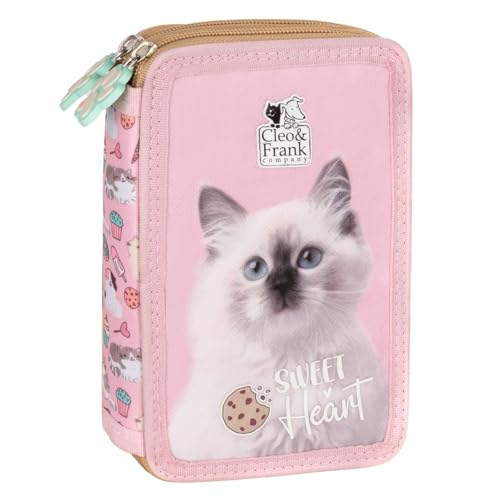 Derform Katze Federtasche gefüllt 2 Fach Federmäppchen Stifte Etui Federmappe Kätzchen