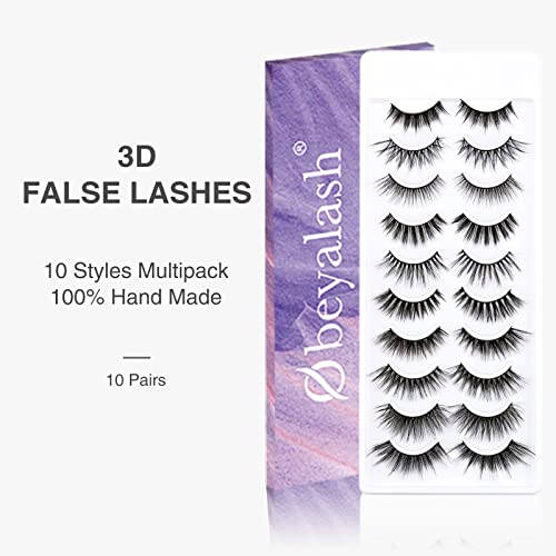 Obeya False Eyelashes 10 Pairs Different Style Strip Lashes Variety Pack 15Mm 16Mm 20Mm Long Fake Lashes 3D Fluffy Dramatic Faux Mink False Lashes Strip Handmade Reusable Makeup Fake Eyelashes Mixed Length #TOP1