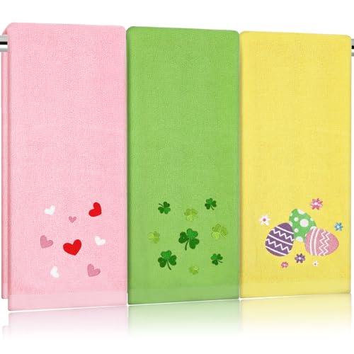 JarThenaAMCS 3Pcs Valentine' s Day St. Patrick' s Day Easter Hand Towels Heart Shamrock Egg Embroidered Bathroom Towels Seasonal Decorative Cotton Dish Towel for Spring Home Bathroom Kitchen Decor