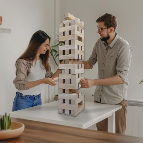 GOTHINK 51pcs Wackelturm Spiel Holz, Tumble Tower Stapelspiele bis 1.5m mit Tragetasche, Garten Spiel Geschenk für Kinder Erwachsene Familie