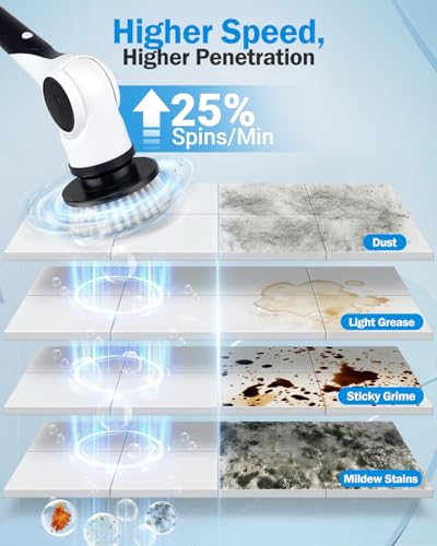 Electric Spin Scrubber, 3-Speed Cordless Shower Scrubber with Long Handle & 10 Replaceable Brush Heads, 90 Mins Runtime & Full-Body IPX7 Waterproof Shower Cleaner Brush for Bathroom Kithchen - Thumbnail 2