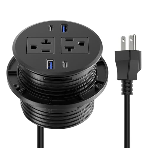 CCCEI 3.15 inch Power Grommet with USB Ports, Office Desk Hole Round Recessed Outlets, Flush Mount, Furniture Hidden High Amp Plug Station, Black, 6FT Extension Cord.