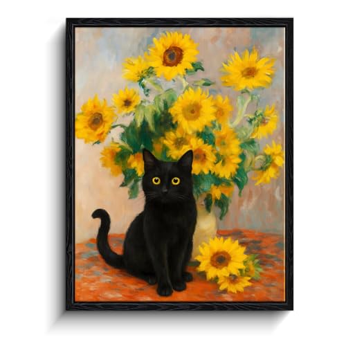 Framed Black Cat Wall Art, Funny Black Cat with Sunflowers Eclectic Textured Art Print, Van Gogh Style Cat Posters for Room, Bedroom Living Room Bathroom Wall Decor, 8 x 10 Inches